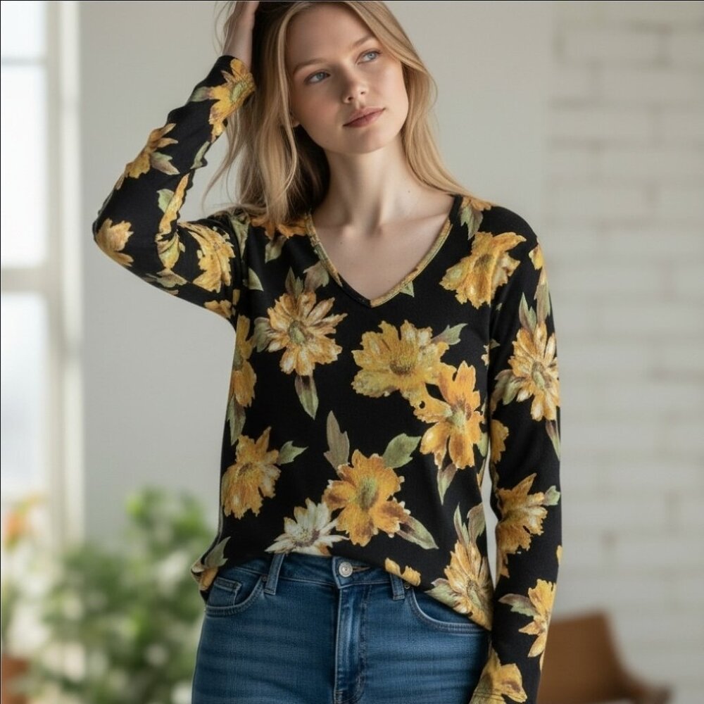 VTG Ribbed Shirt Floral Black Yellow Sequins Vneck Sz L Longsleeve 90s Y2K